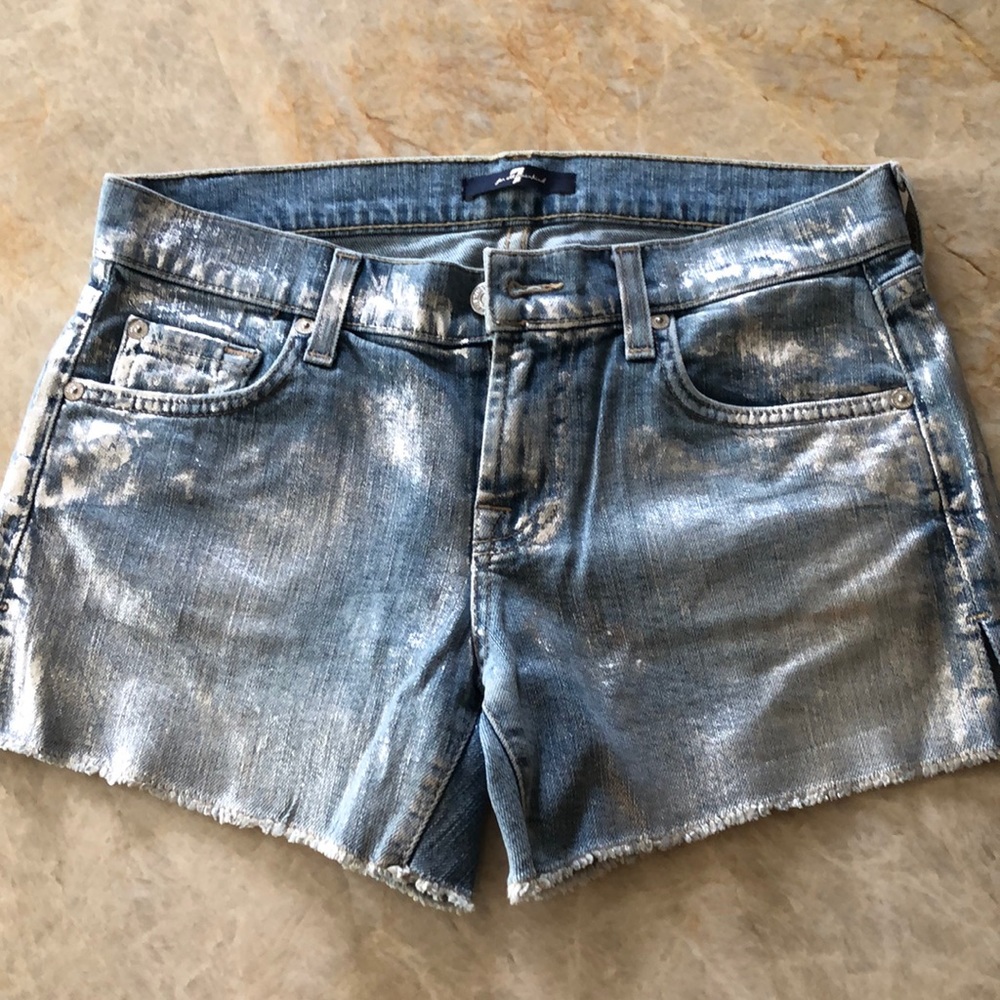7 for all mankind silver shimmer denim shorts